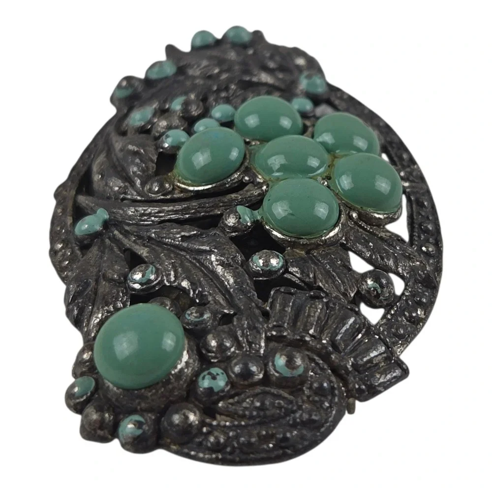 Vintage Dress Clip Brooch Turquoise Glass Pot Metal Art Deco Floral Cabochon